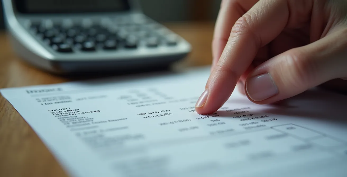 Main analysant une facture de serrurier avec calculatrice