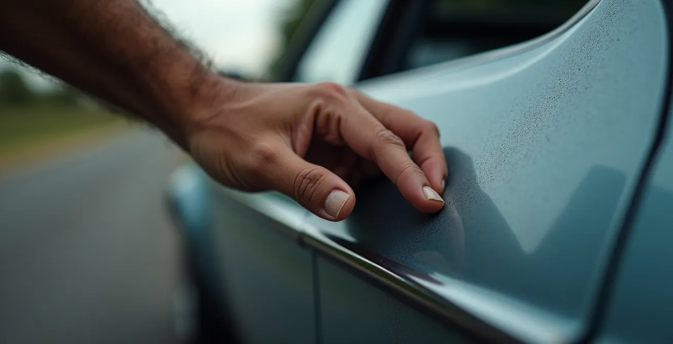 Gros plan sur une main inspectant la carrosserie d'une voiture