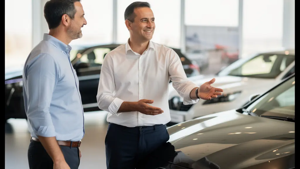 Client et vendeur automobile en conversation dans un showroom