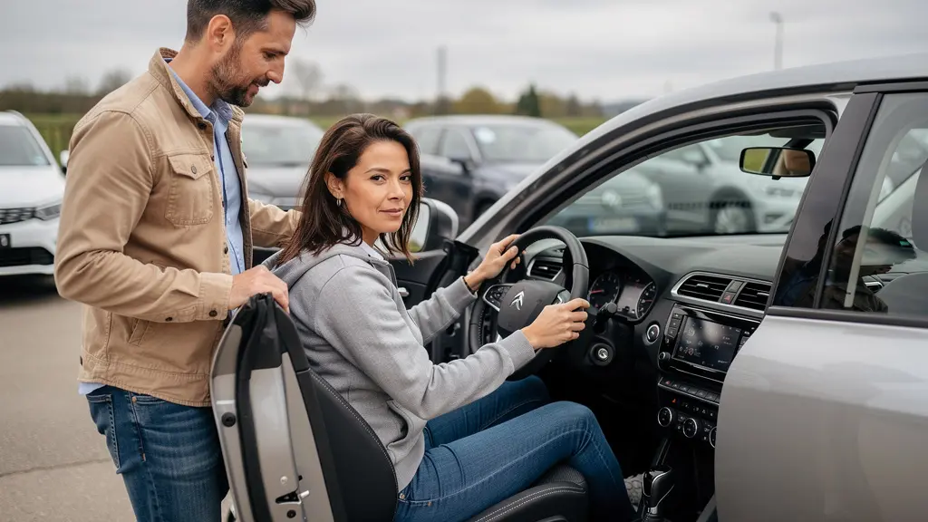 Couple inspectant l'intérieur d'un SUV d'occasion sur un parking de concessionnaire