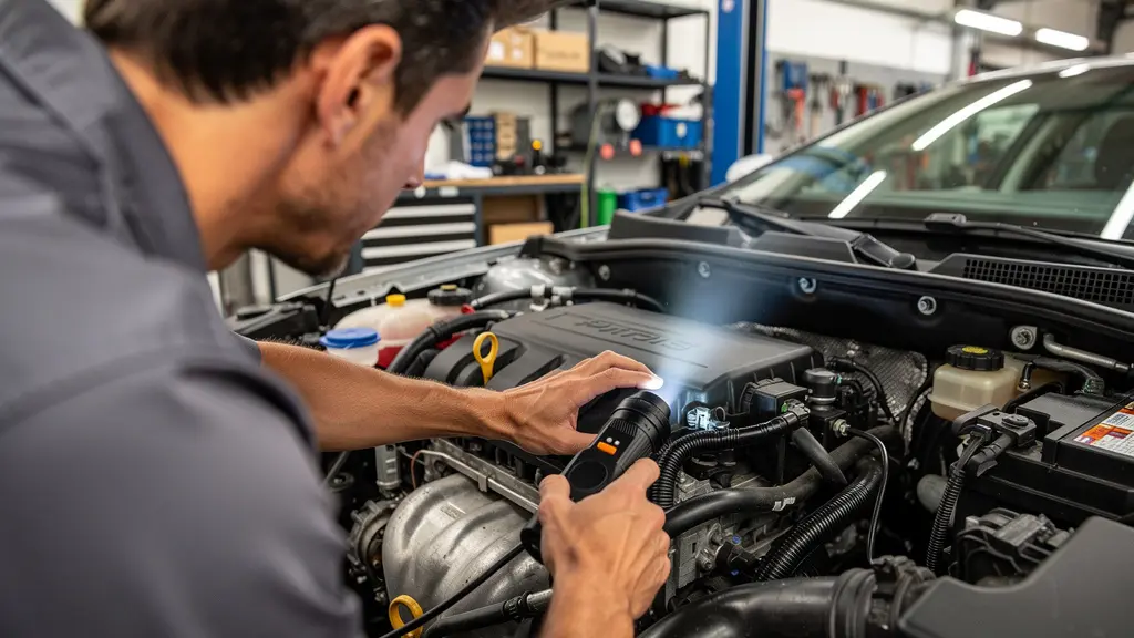 Technicien automobile inspectant le compartiment moteur d'une voiture d'occasion