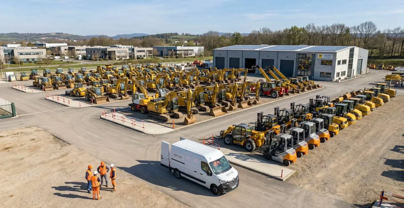 Vue large d'un dépôt professionnel de matériel de travaux publics avec plusieurs rangées de pelles hydrauliques et chariots élévateurs alignés sous un ciel dégagé