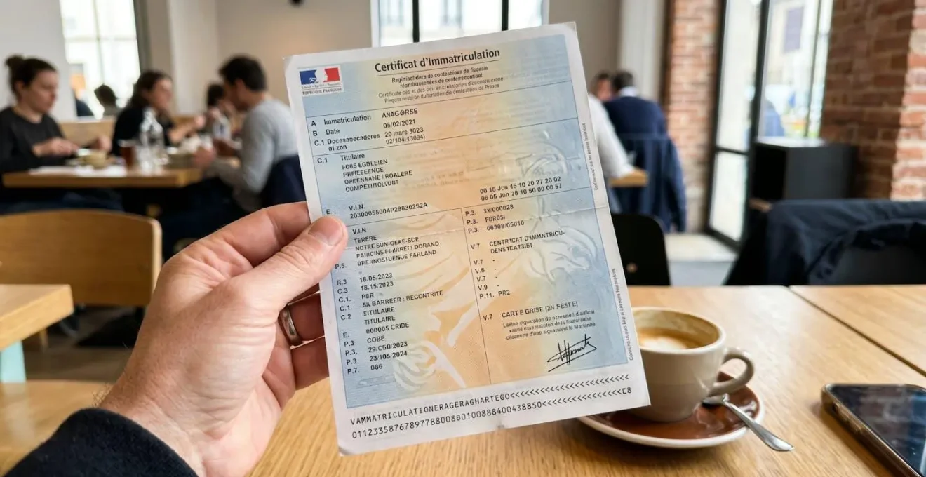 Une main tient une carte grise de véhicule utilitaire français avec focus sur les champs d'identification du propriétaire, arrière-plan de bureau moderne flouté
