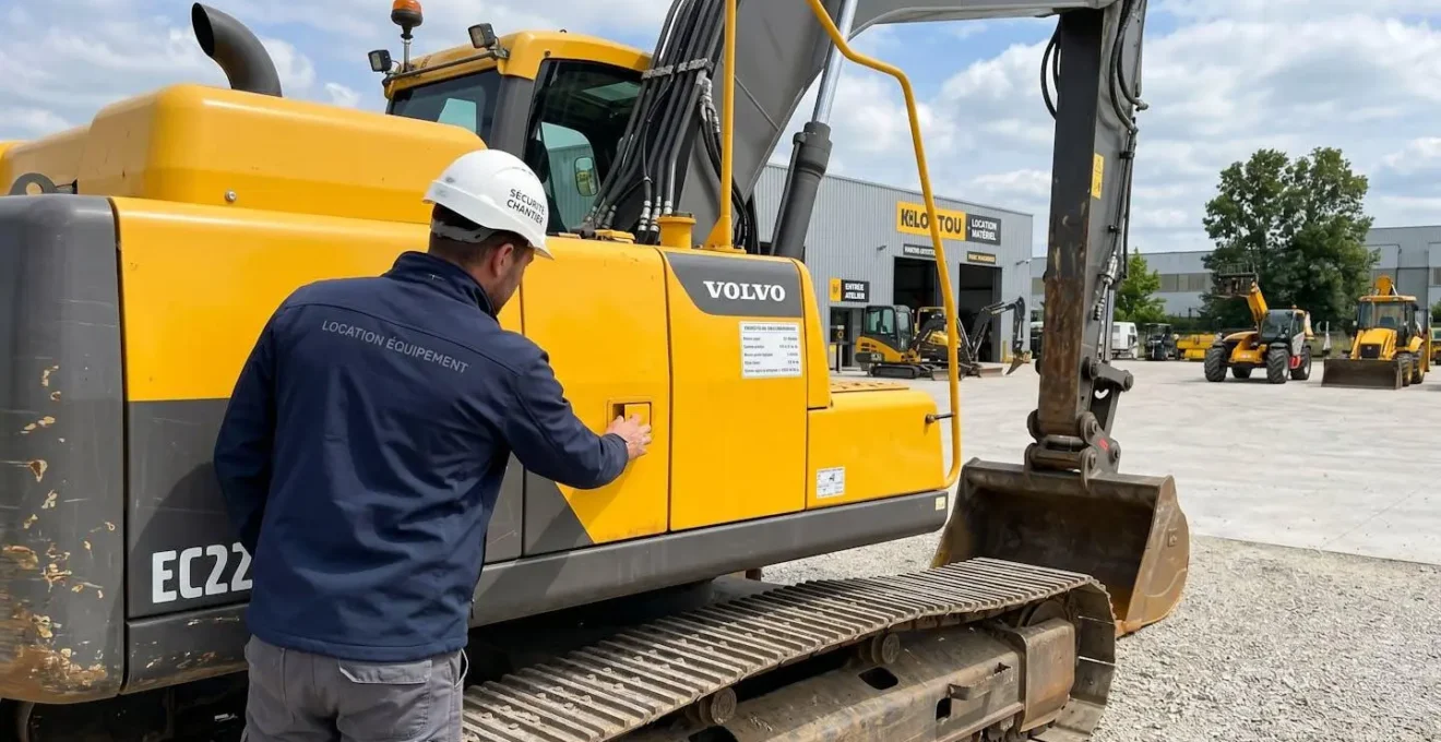 Un professionnel du BTP vu de dos examine une mini-pelle hydraulique jaune dans un dépôt de matériel en plein air sous un ciel lumineux