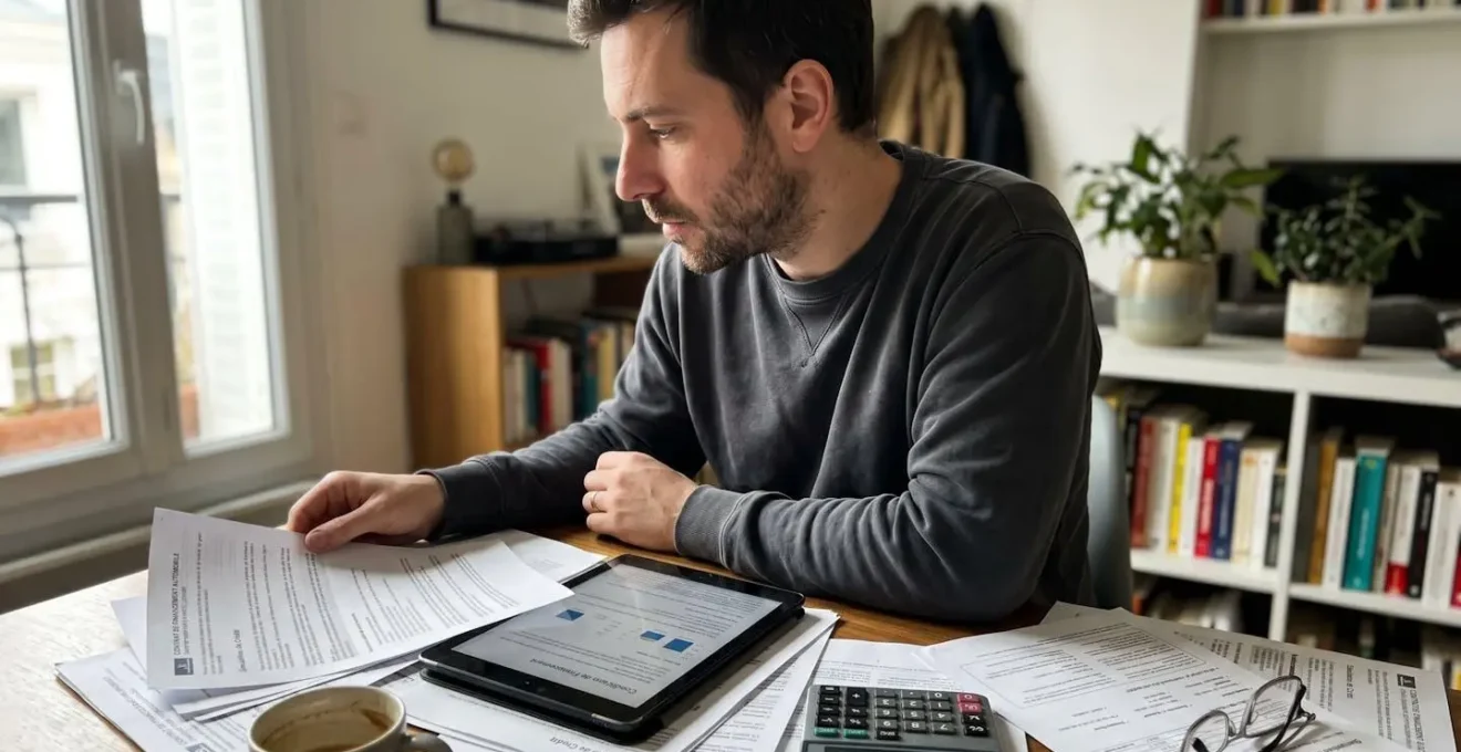 Personne analysant des documents de financement automobile avec calculatrice et tablette sur une table