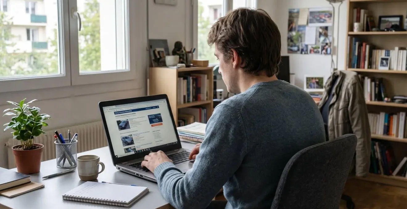 Personne consultant des annonces automobiles sur un ordinateur portable dans un environnement de bureau moderne
