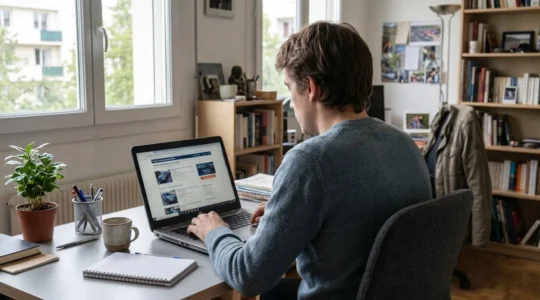 Personne consultant des annonces automobiles sur un ordinateur portable dans un environnement de bureau moderne